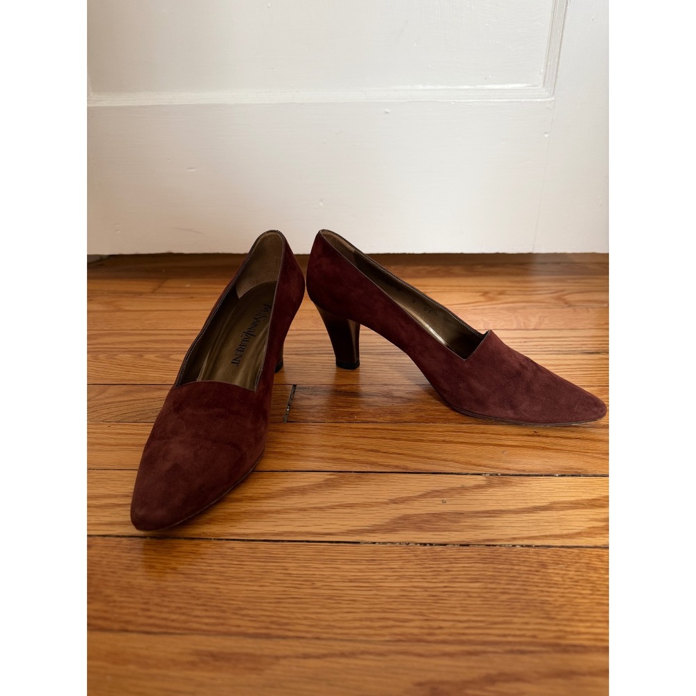 Yves Saint Laurent Burgundy Suede Pointed-Toe Mid Heels